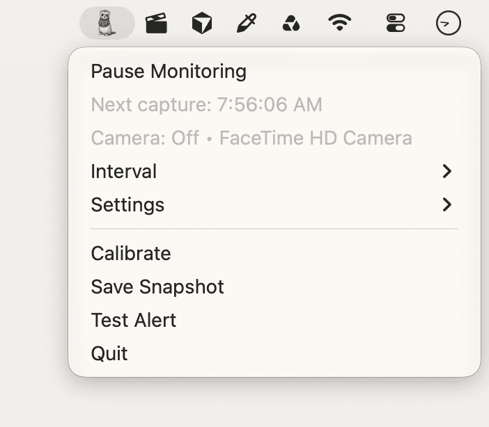 SpineSpy open in the menu bar: Pause Monitoring, the next capture time, camera off, and Interval, Settings, Calibrate, Save Snapshot, Test Alert, and Quit.